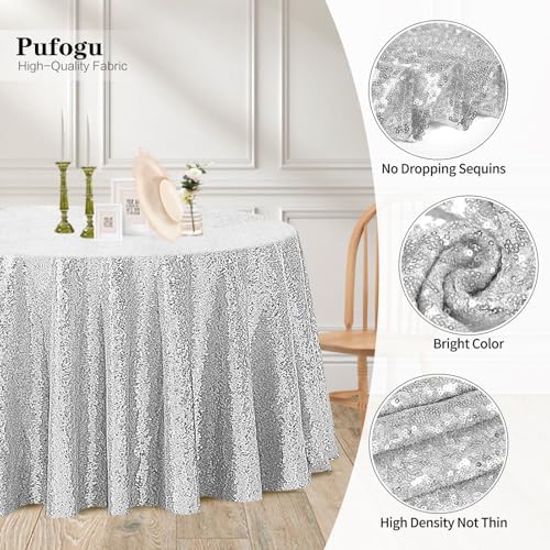 Pufogu 120" Round Silver Sequin Tablecloth Glitter Silver Table Cloths for Birthday Wedding Bridal Baby Shower Party Decorations - Image 3