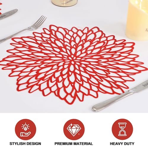 Snowkingdom 12 Pack Red Placemats Metallic Shiny Pressed Vinyl Dining Mats Round Leaf Floral Table Decoration for Halloween Mother's Day Christmas Valentine's Day Weddings Holiday Celebrations - Image 3