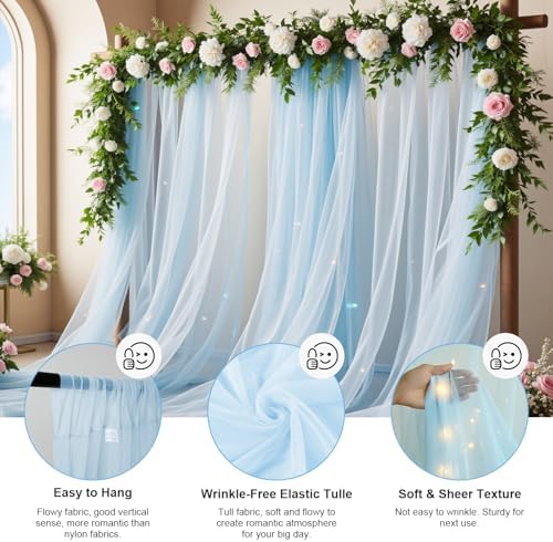 Gallety Baby Blue Tulle Backdrop Curtain with String Lights, 10x8ft Sheer Blue Backdrop Curtain for Photography, Wedding, Boy Gender Reveal, Baby Shower, Birthday, Baptism, Easter Decorations - Image 2