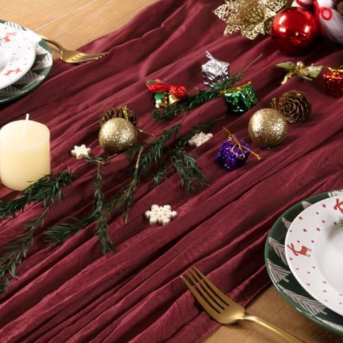 DeZerlor Burgundy Cheesecloth Table Runners 4 Pack Christmas Runners - Image 6