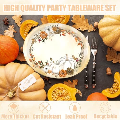 White Pumpkin Paper Plates and Napkins Serve 50, Boho Oval Fall Plates 10" x 12" with 6.5" Napkins Floral Autumn Tableware Fall Party Decorations for Birthday Baby Shower Bridal Shower Thanksgiving - Image 2