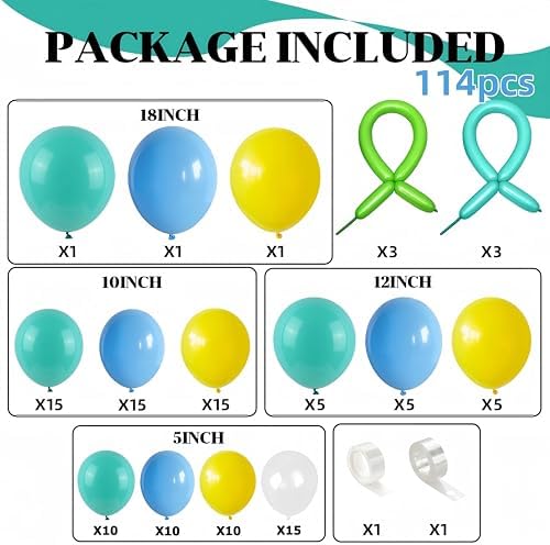 Blue Yellow Balloons Arch Garland Kit, 114Pcs Cartoon Style Light Blue Lemon Yellow Teal Green Latex Balloon Set with Long Balloon for Sea Theme Kids Birthdays Baby Shower Party Decorations - Image 2