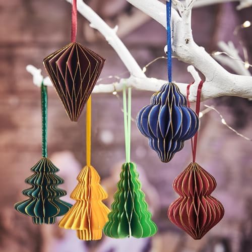 Paper Christmas Tree Ornaments, Red and Green Xmas Party Decorations, 6PCS 3D Mini Glitter Edges Paper Honeycomb Ornaments for Xmas, New Years, Holiday Home Decor by OBBOLO