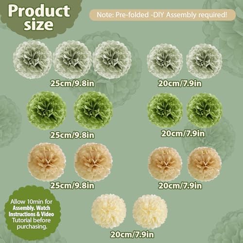 Sage Green Tissue Paper Pom Pom Flowers Decorations 15 PCS Olive Green Paper Flowers for Wall Hanging Backdrop Neutral Baby Shower Wedding Party Supplies Birthday Bridal Decor Table Centerpieces - Image 3