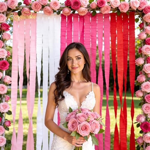 NICROLANDEE 5 Rolls Pink Red White Crepe Paper Streamers for Wedding, Birthday, Valentine's Day Decorations, Bachelorette, Bridal Baby Shower, Backdrop or Photo Booth - Image 2