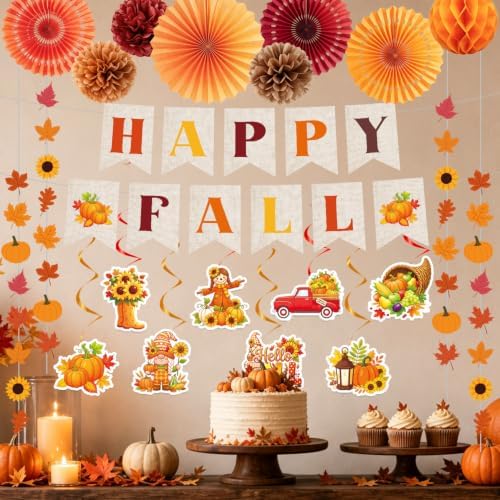 Fall Party Decorations, 22PCS Happy Fall Decoration with Banners Hanging Swirls Garland Banner Paper Fans Poms Honeycomb Ball, Maple Leaf Pumpkin Decor for Autumn Home Classroom Office Decor - Image 4