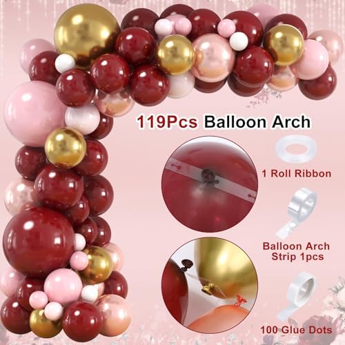 167Pcs Happy Birthday Decorations for Women with Butterfly Sticker Cupcake Toppers, Burgundy Balloon Arch Kit Maroon Rose Gold Balloons Backdrop Tablecloth Floral Burgundy Birthday Party Supplies - Image 3