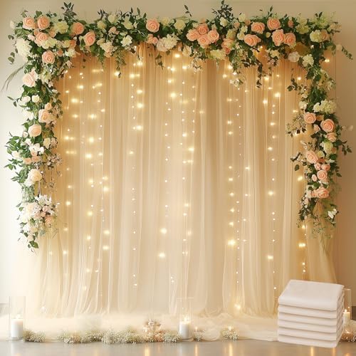 Tulle Backdrop Curtain with Lights Sheer Champagne Curtain Backdrop 30x10ft by Fomcet