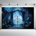 Mystical Forest Backdrop for Halloween Eve Party Dark Blue Moonlight Enchanted Woods Iron Gate Spooky Tree Foggy Night Photography Background Photo Booth Studio Props 15x8ft by CRTPODHomeDecor