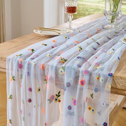 BINBE 1pcs Daisy Spring Table Runner Embroidery Gauze 10FT Florals Seasonal Tulle Holiday Birthday Kitchen Dining Table Decor for Home Party Blue by BINBE