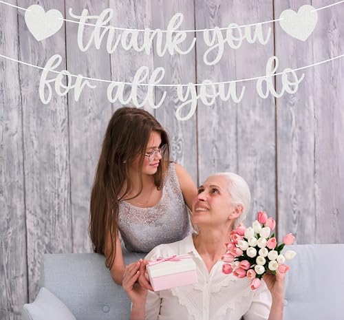 Pre-strung Thank You for All You Do Banner - Silver Glitter Appreciation Party Decorations Supplies for Family elders Employee Coworker Staff Teacher, Photo Booth Prop - Image 5