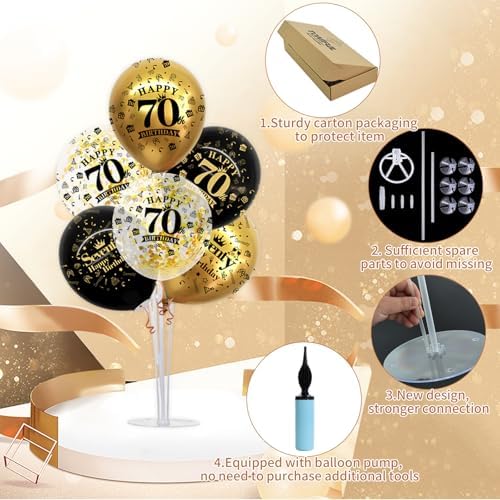TONIFUL 4 Set Black Gold 70 Printed Balloon Stands for 70th Birthday Decor - Image 3