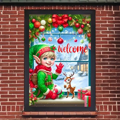 BlissYard Elf Reindeer Christmas Window Banner Fabric 31x47 Inch - Image 5