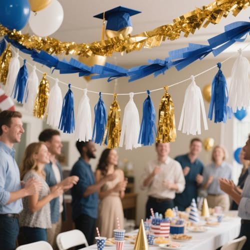 We Moment Navy Blue Gold White Tassel Garland Banner Paper Tassels for Boys Girls Birthday Graduation Decorations,Pack of 15 - Image 4