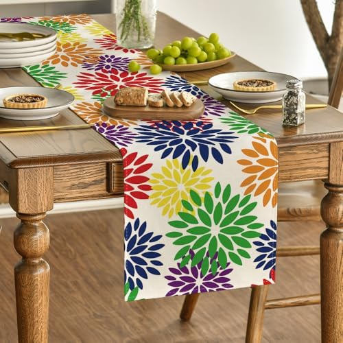 Artoid Mode Red Blue Green Dahlia Floral Pinnata Spring Table Runner, Seasonal Kitchen Dining Table Decoration for Home Party Decor 13x72 Inch - Image 3