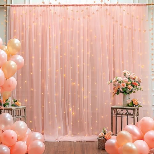 30x8ft Peach Tulle Backdrop Curtain with Lights String for Parites, Sheer Photo Backdrop Curtains for Easter Wedding Baby Shower Birthday Party Photo Shoot Decorations - Image 3