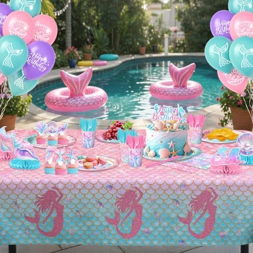 202 Pcs Mermaid Birthday Party Decorations (Serves 24), Mermaid Party Supplies Include Banner Hanging Plates Napkins Cups Forks Knifes Tablecloth Topper Balloons and Sash for Baby Shower - Image 6