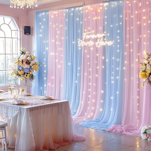 10×10ft Pink Blue Tulle Backdrop Curtain with Lights String for Parties, Sheer Photo Backdrop Curtains for Wedding Party Photography Background - Image 4