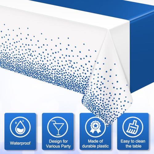MASHAN 3Pcs White and Blue Tablecloth Party Decorations,Plastic Black Table Cloth Printed Blue Table Runner Disposable Rectangle Cover for Birthday Wedding Anniversary Graduation Party,54 x108 Inch - Image 3