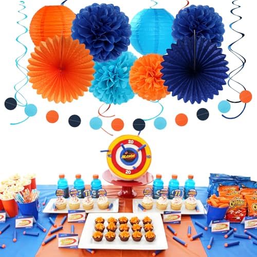 Royal-Light Blue Orange Happy-Birthday Party-Decorations - 31pcs Men Boys Paper Lanterns Streamers Banner,Navy Tissue Flowers Pom Poms Fans Tassels Garland Decor Backdrop Supplies Hugmoon - Image 2