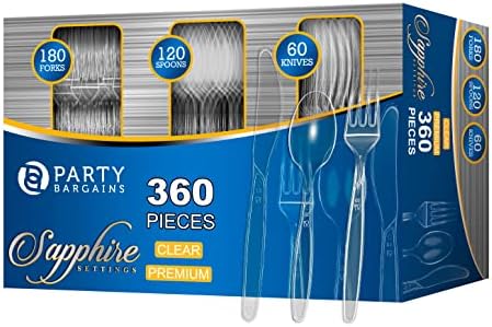 Party Bargains Disposable Cutlery set, SAPPHIRE Design, Clear Color, 360 Pieces: 180 Forks, 120 Spoons, 60 Knives by PARTYBARGAINS