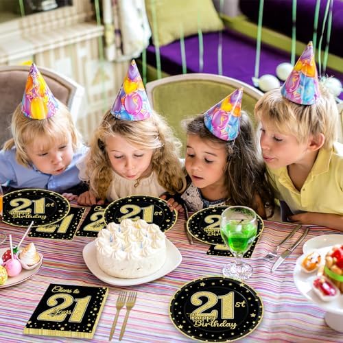 96 Pcs 21st Birthday Party Supplies for 24 Guests Cheers to 21 Years Tableware Table Decorations Black Gold 21st Birthday Plates Napkins Dinnerware for Boys Girls 21 Years Old Party Favor - Image 6
