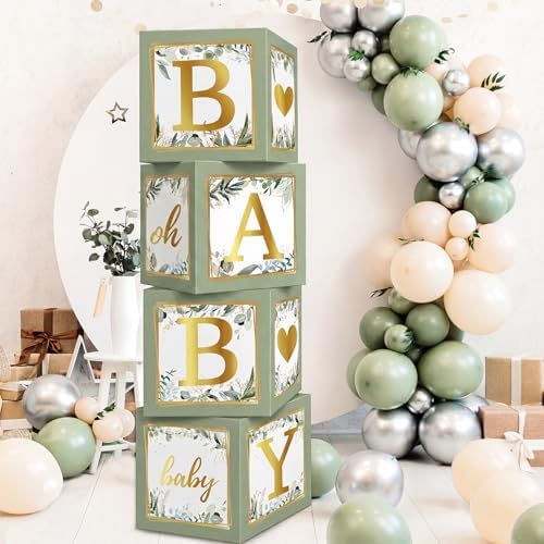 RUBFAC Baby Shower Boxes with Letters, 4pcs Sage Green Baby Shower Decorations for Boy Girl Balloon Boxes Gender Reveal Birthday Party Favors by RUBFAC