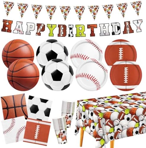 Sports Themed Birthday Party Kit for 24 - Includes Sports Banner, Tablecloth, Cups, Plates and Napkins for Boys Sports Theme Party Decorations Supplies by Gatherfun