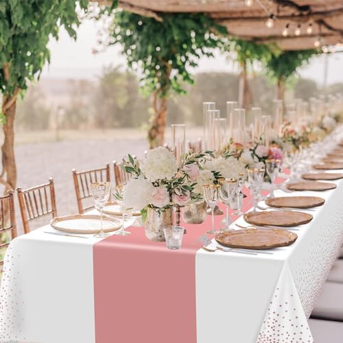 1Pcs White and Rose Gold Tablecloth Party Decorations,Plastic White Table Cloth Printed Rose Gold Table Runner Disposable Rectangle Cover for Birthday Anniversary Wedding Grad Party,54 x108 Inch - Image 5