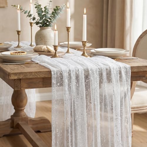 Artoid Mode White Silver Gauze Table Runner 59x120 Inch 10FT, Glitter Metallic Foil Sheer Dining Holiday Wedding Anniversary Birthday Table Decor for Home Party - Image 3