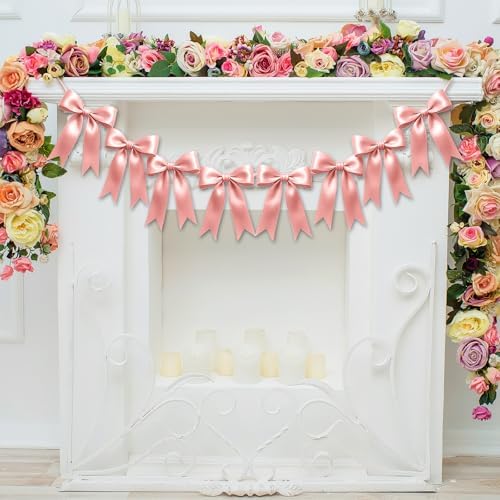 1 String of 8PCS Rose Pink Bow Garland Banner Decoration,Pre-Strung Satin Ribbon Ornaments for Birthday,Bachelorette Party,Bridal Shower,Wedding,Engagement,Baby Shower,Graduation Decor,Anniversary - Image 6