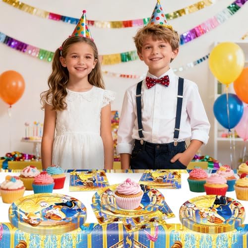 41Packs Beauty and the Beast Birthday Decorations Include 20 Plates, 20 Napkins and 1 Tablecover for Birthday Party Supplies (Beauty) - Image 6