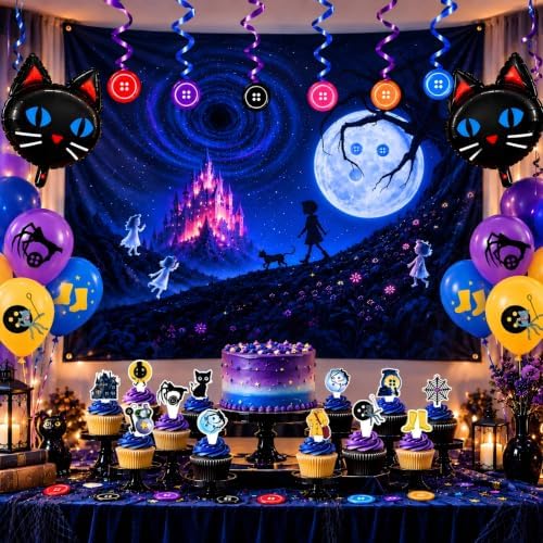 Black Cat Birthday Party Decorations Kit, Backdrop Banner, 2PCS Cat Foil Balloons, 18PCS Latex Balloons, 24PCS Cupcake Toppers, 6PCS Hanging Swirls Set, Halloween Party Supplies for Kids Girls by Ainuit