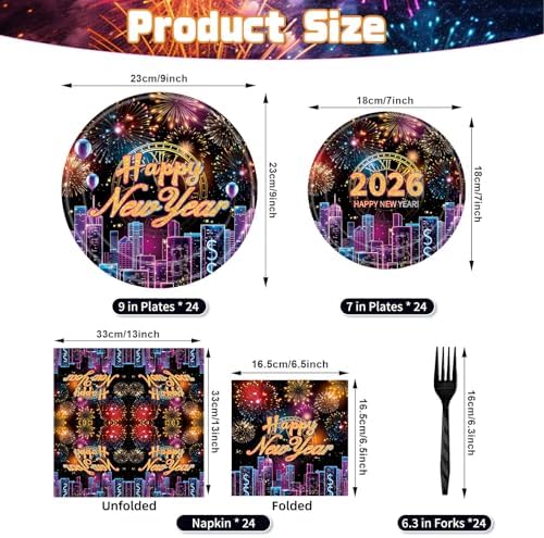 96 Pieces Happy New Year 2026 Tableware Set – Fireworks and City Night Skyline Disposable Plates, Napkins, and Forks for New Year’s Eve Parties, Countdown Celebrations – Serves 24 Guests - Image 2