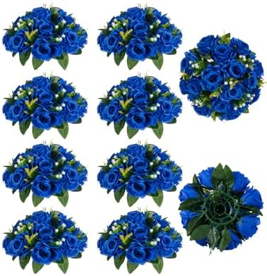 BLOSMON Royal Blue Flowers for Decoration: 10 Pcs Fake Roses Kissing Balls for Wedding Table Centerpieces - Artificial Floral Arrangements Home Baby Shower Birthday Party DIY Decor by Blosmon