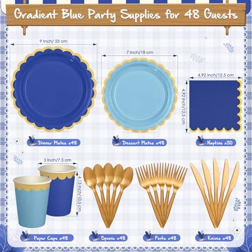 Mimorou 338 Pcs Blue Plates Napkins Cups Flatware Set - Image 3