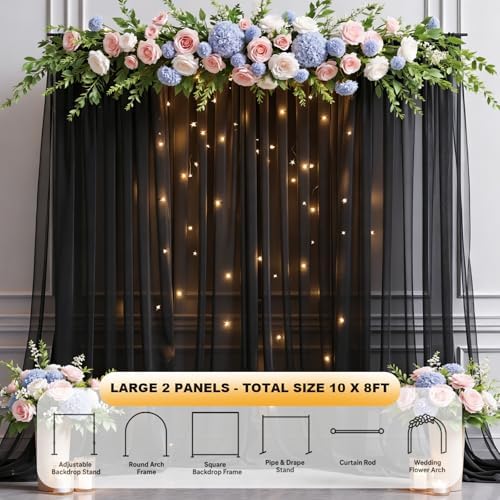 Gallety Black Tulle Backdrop Curtain with String Lights, 10x8ft Sheer Black Backdrop Curtain for Photography, Gothic Wedding, Halloween, Birthday,Graduation, Gala, Cocktail Party Decorations - Image 3