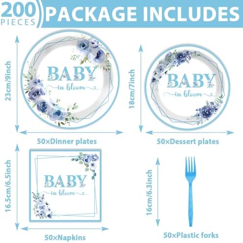 50 Guests Baby In Bloom Baby Shower Decoration Blue Flower Paper Plates Napkins Forks Spring Floral Theme Party Tableware Disposable Party Supplies Favor Plates For Boy Girl Birthday 200PCS - Image 2