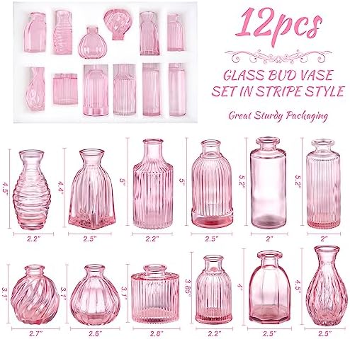 Pink Vase, Bud Vases Set of 12, Small Pink Glass Vases for Flowers Modern Ribbed Glass Bud Vase for Decor Wedding Flower Vase in Bulk Vintage Decor Bridal Shower Centerpieces Home Table Decoration - Image 2