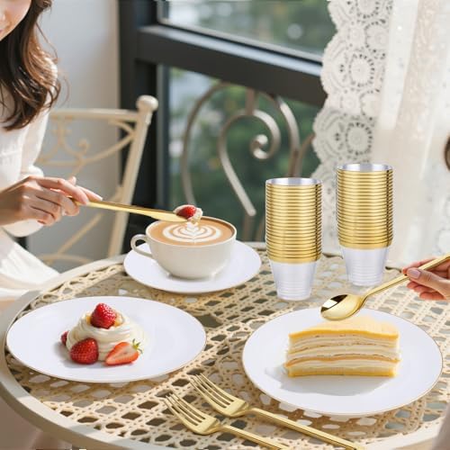 bUCLA 150PCS Gold Plastic Plates Disposable - Gold Dinnerware Set - Include 25 Each (Dinner & Dessert) Plates, 25 Knives, 25 Forks, 25 Spoons & 25 Cups for Party, Thanksgiving, Fall Harvest & Autumn - Image 3