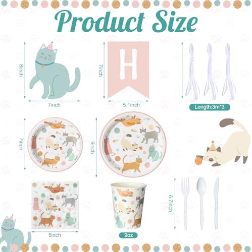Qinyoung 176 Pcs Cat Birthday Party Supplies Disposable Tableware Set Serves 25 Cute Kitten Themed Paper Plates Napkins Cups Cutlery with Banner for Birthday Decorations - Image 2