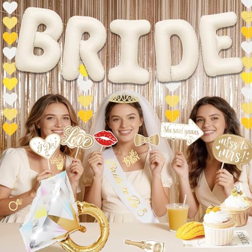 60PCS Bride To Be Decorations, Champagne Gold Bachelorette Party Decorations Include Bride To Be Sash Veil Crown Tattoo Stickers Photo Props Fringe Curtain for Wedding Bridal Shower Decorations - Image 2