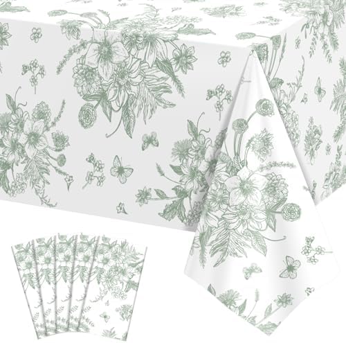 NatNarr 6 Pack Sage Green Floral Plastic Tablecloths, Tea Party Tablecloth by NatNarr