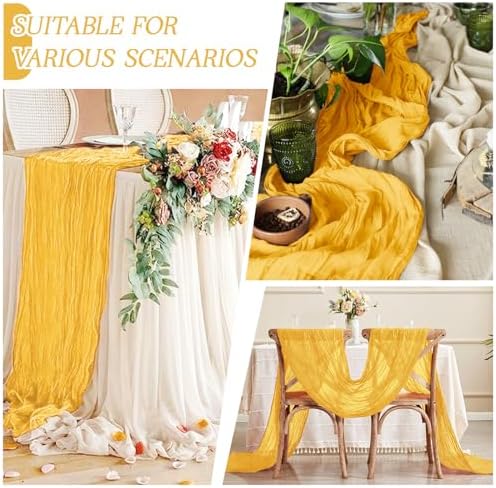6 Pack Gold Cheesecloth Table Runner 17x108 Inch Semi Sheer Boho Gauze Cheese Cloth Fabric Table Runners Table Decor for Wedding Party Baby Shower Birthday Home Decor Garden Farmhouse - Image 4