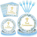 96 Pieces First Communion Floral Tableware Set – Blue Floral Cross Disposable Plates, Napkins for First Communion Party, Christening, Baptism, and Religious Celebrations – Serves 24 Guests by GistomeHome