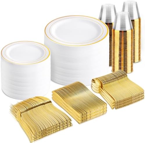 bUCLA 600Pcs Gold Plastic Plates - White Gold Dinnerware Set Disposable - Include 100 Dinner&Dessert Plates,100 Cups,100 Forks,100 Spoons,100 Knives for Party, Thanksgiving, Fall Harvest & Autumn by BUCLA