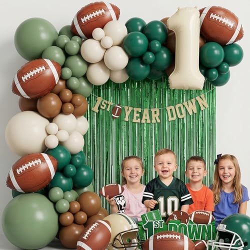 First Year Down Football Balloon Arch Kit – 1st Birthday Football Decorations with Number 1 Balloon, Football Foil Balloons & Green Brown Balloon Garland for Baby Boy Birthday Party (139PCS) - Image 6