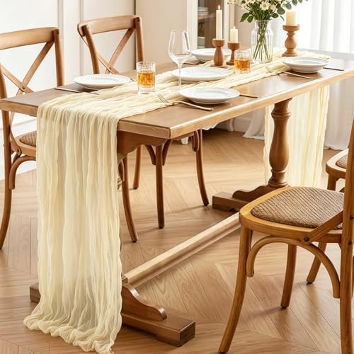 3Pcs Beige Table Runner, 10FT Rustic Cheesecloth Table Runner 35*120inch Boho Beige Runner for Wedding Bridal Shower Baby Shower Table Centerpiece Decorations - Image 5