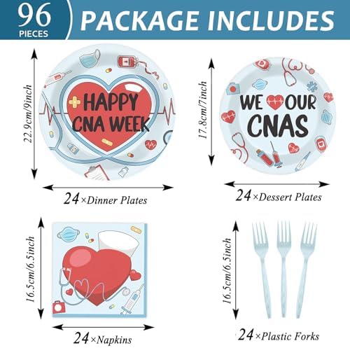 CHUNNIN 96Pcs Happy CNA Week Plates and Napkins Nurse Appreciation Week Party Decorations We Love Our CNAS Dessert Plates Nurse Tableware for 24 Guests CNA Appreciation Week Party Supplies - Image 2