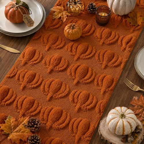 Fall Table Runner 13x72 Inch Soft Plush Faux Fur Jacquard Rust Pumpkin Table Runner, Seasonal Autumn Kitchen Dining Table Decoration for Home Party Decor ZR009B72 - Image 5